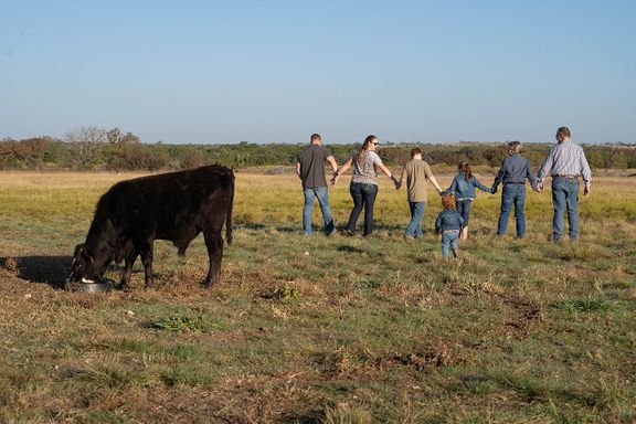 Family walking together through a field during an outdoor Colorado family session