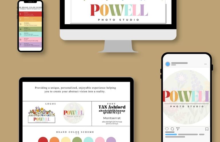 Custom Powell Photo Studio logo, color palette, and brand identity displayed across digital platforms